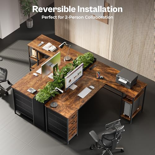 Huuger 63 Inch L Shaped Desk with Fabric Drawers, Reversible Computer Gaming Desk with Power Outlets and USB-C Port, Adjustable Side Storage Shelves