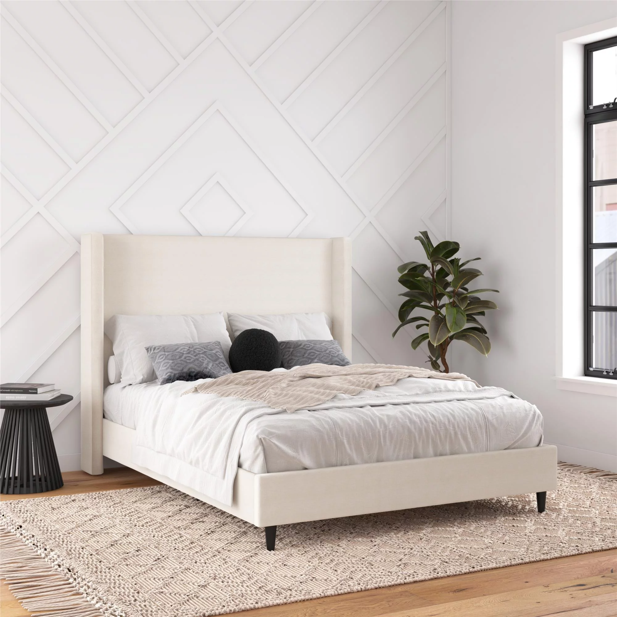 DHP Eveline Upholstered Platform Bed Frame with High Wingback Headboard, Queen, Textured Ivory Canvas