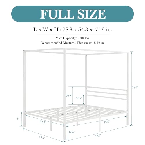 HOOMIC Canopy Bed Frame, Enhanced 4-Poster, 3-Metal Crossbar, No Box Spring Needed, Easy Assembly, Full Size, White