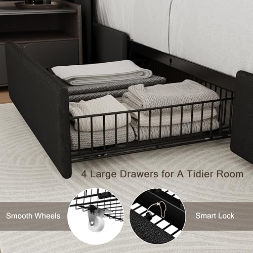 Queen Bed Frame with 4 Storage Drawers and Charging Station, Upholstered Platform Bed Frame with Storage Headboard, No Box Spring Needed