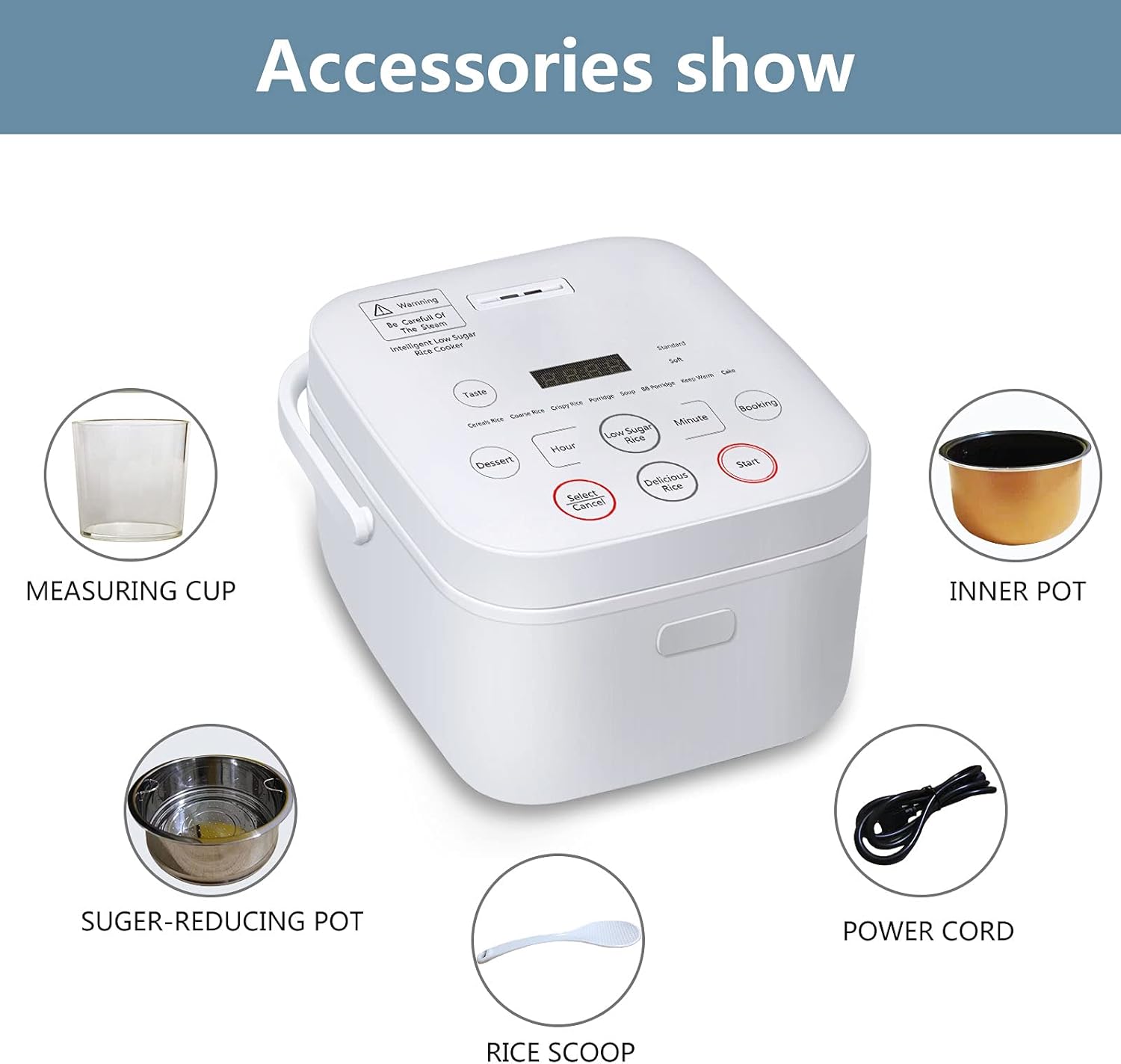 Small Rice Cooker 5 cup Low Carb Smart Ricecooker Reduce Sugar Multi-functional Rice Cooker White Rice Brown Rice, Mixed Rice And Porridge(White)