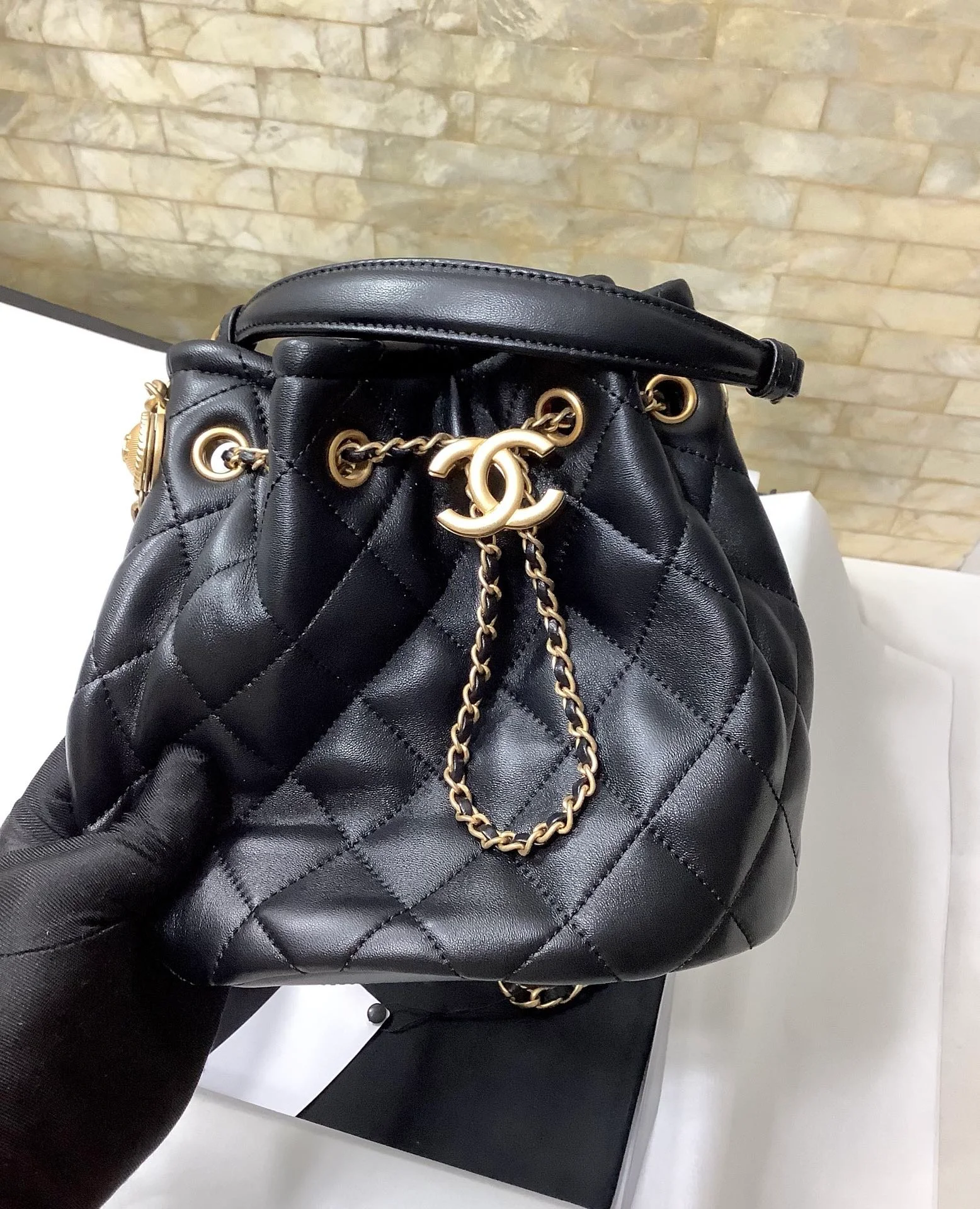Chanel Classic Bucket Bag Gold Toned Hardware Black For Women 7.8in/20cm
