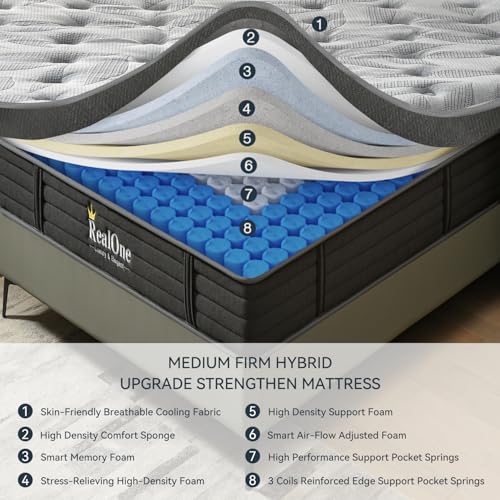 REALONE Queen Mattress – 12 Inch Hybrid Mattress in a Box, Enhanced Individually Pocket Springs, Medium Firm Feel