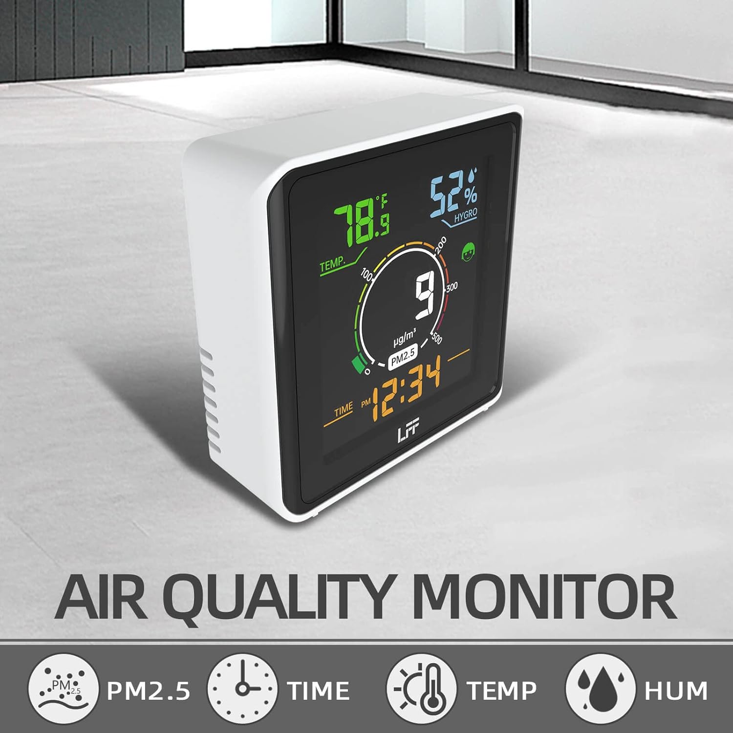 Indoor Air Quality Monitor, LFF PM2.5 Detector, Temperature Tester, and Humidity Monitor Meter Sensor for Home, Office, School, Hotel
