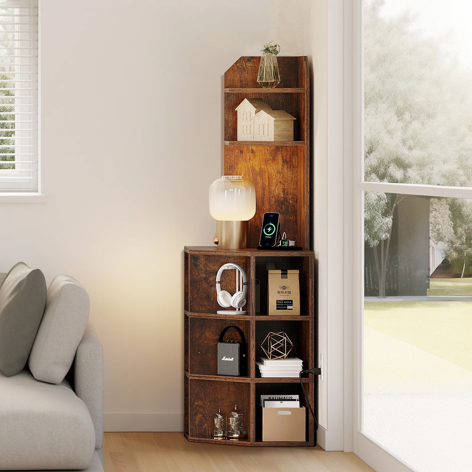 Dextrus 5-Tier Corner Shelf with USB Ports and Outlets, Corner Bookshelf Bookcase Display Shelves Rack Storage Corner Bar Cabinet for Living Room