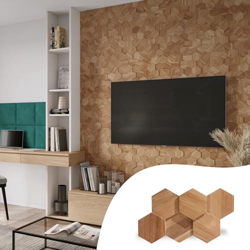 Teak UltraWood Hexagon Wall Panels in Natural - 3D Hexagonal Wall Covering for Feature Walls - Modern Peel-and-Stick Wallpaper Alternative