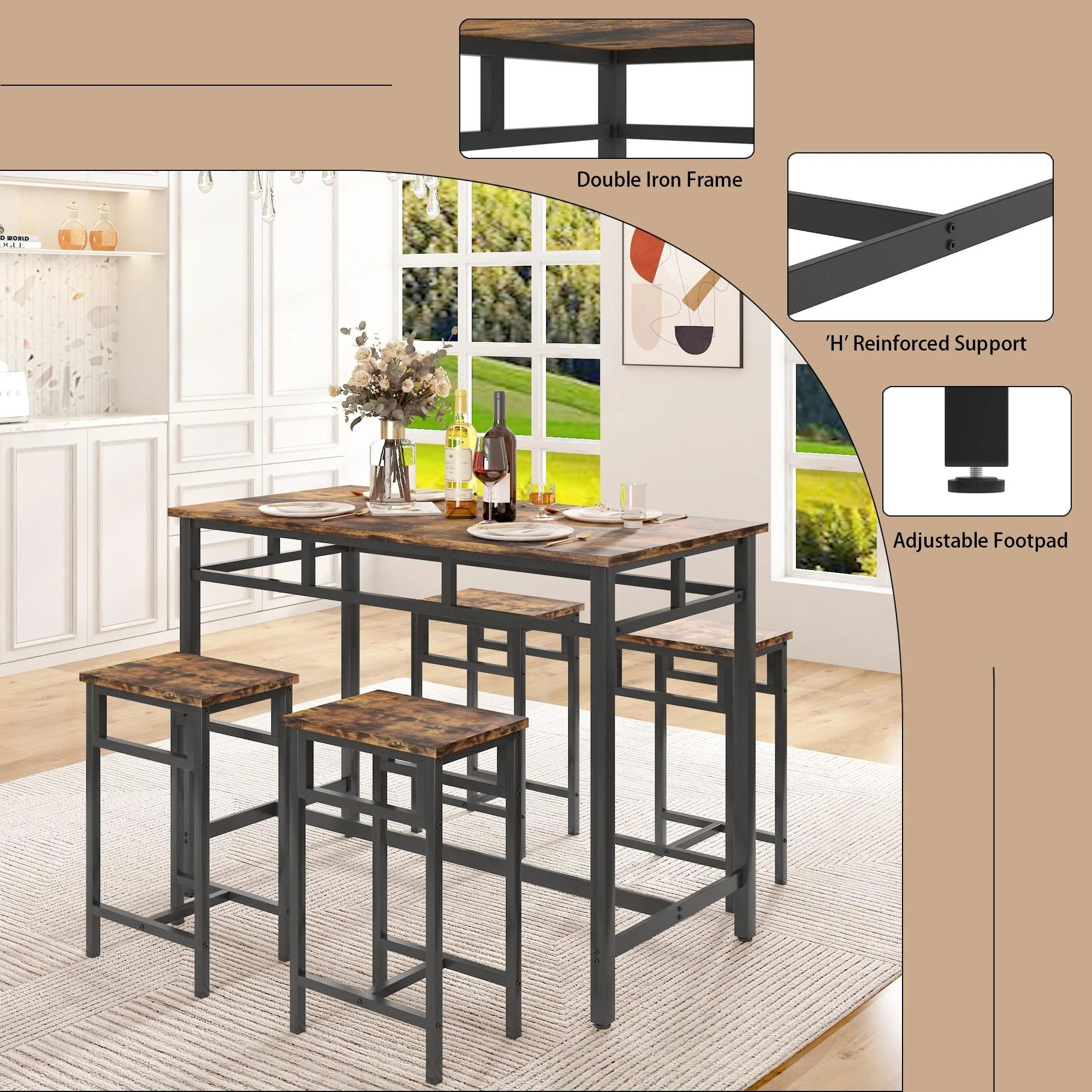 Counter Height Dining Table Set for 4, Metal Rectangle Bistro Pub Set with MDF Top, Rustic Brown Kitchen Bar Table Set