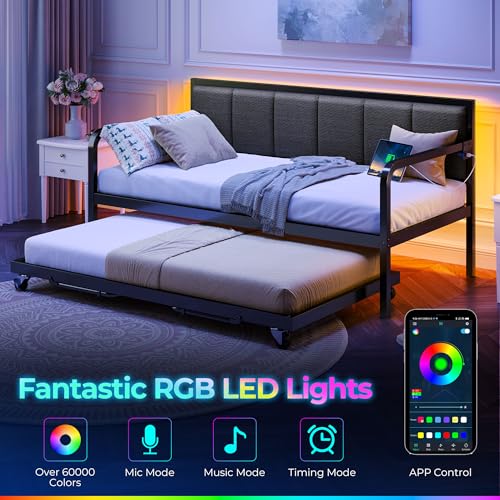Rolanstar Daybed with Charging Station and LED Lights, Height Adjustable Twin Daybed with Trundle