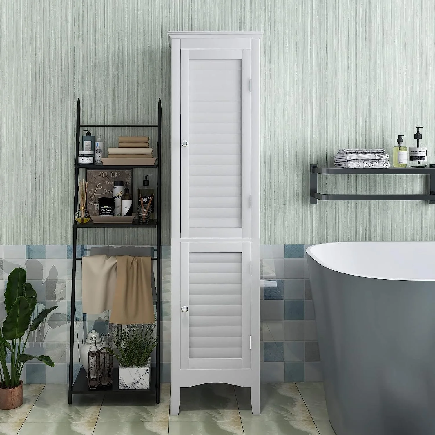 Bathroom Tall Storage Cabinet - Narrow Freestanding Floor Cabinet with Doors, 5 Tier Shelves(1 Height Adjustable)
