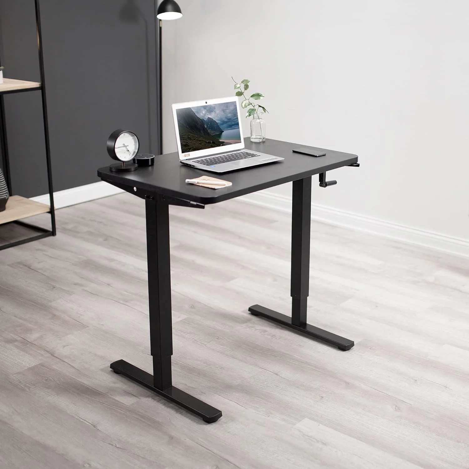 Manual Height Adjustable 36 X 24 Inch Stand Up Desk, Black Solid One-Piece Table Top, Black Frame, Standing Workstation With Hand Crank, DESK-KIT-CB3B