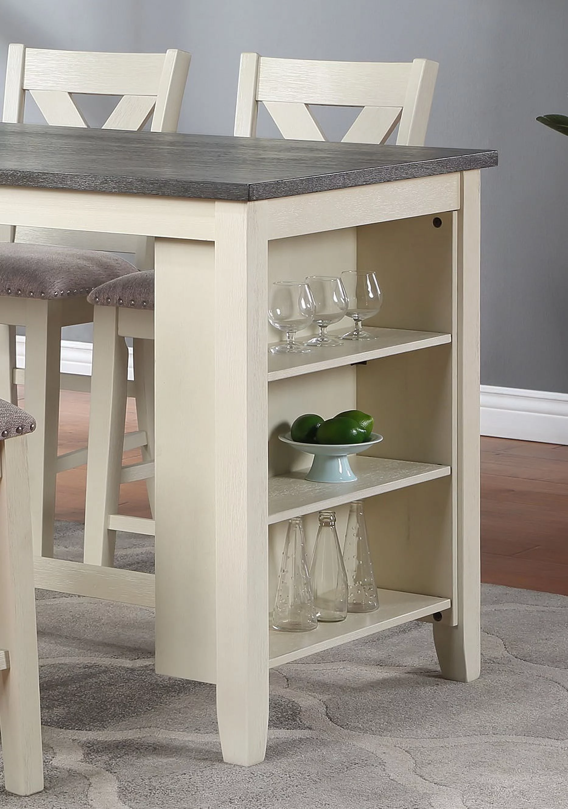 Dcenta Modern Contemporary 5pc Counter Height High Dining Table w Storage Shelves High Chairs And Stools Wooden Kitchen Breakfast Table Dining Room
