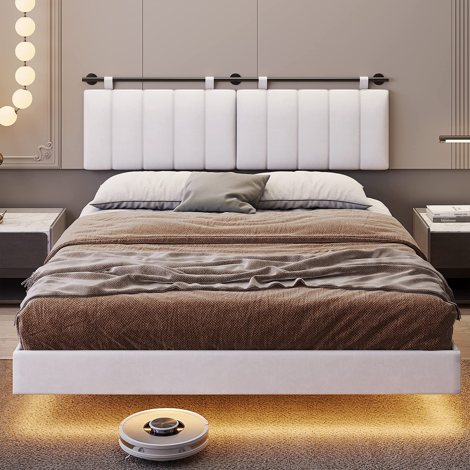 Afuhokles LED Floating Queen Bed Frame with Wall Mounted Headboard and Led Lights, Platform Bed Frame with Upholstered Headboard, Faux Leather Fabric
