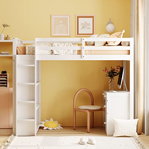 Harper & Bright Designs Full Size Loft Bed with Wardrobe and Desk, Solid Wood Loft Bed Frame with Storage, for Kids Teens Adults (Full Size, White)