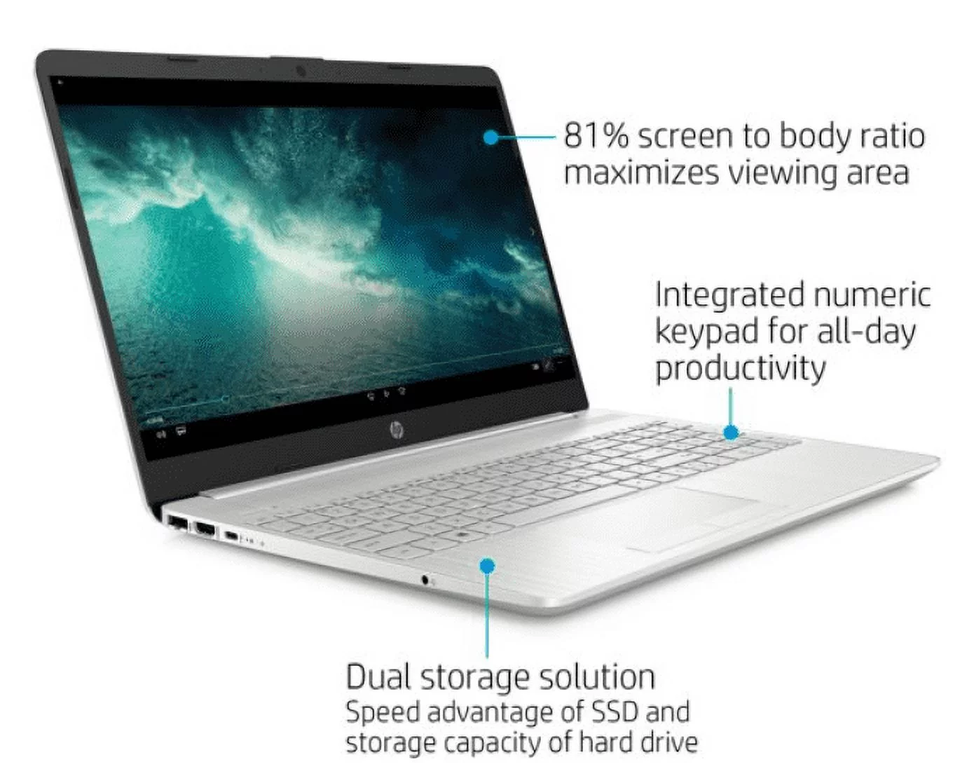 HP Laptop 15"6 Inch 1366x768 (HD) 220 Nits | AMD Ryzen 3 3250U 2.6 GHz | 4GB DDR4 SDRAM, 1TB HDD + 128GB SSD | Windows 10 Home | Natural Silver