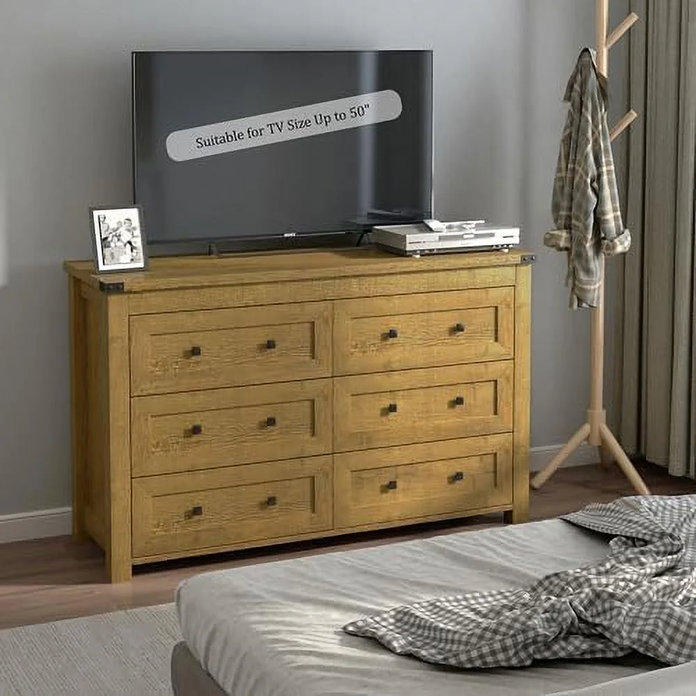 HJZUINIUNIU Farmhouse Dresser for Bedroom with 6 Drawers  Wood Rustic Wide Chest of Drawers   Dressers Organizer for Closet Hallway  Living Room