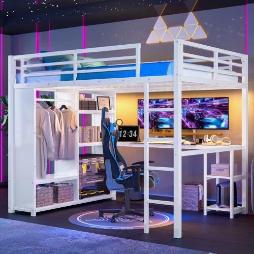 Metal Loft Bed with Wardrobe and L-Shaped Desk, Full Size Loft Bed with Storage Cubes and Shelves, Heavy Duty Loft Bed for Kids Teens, White