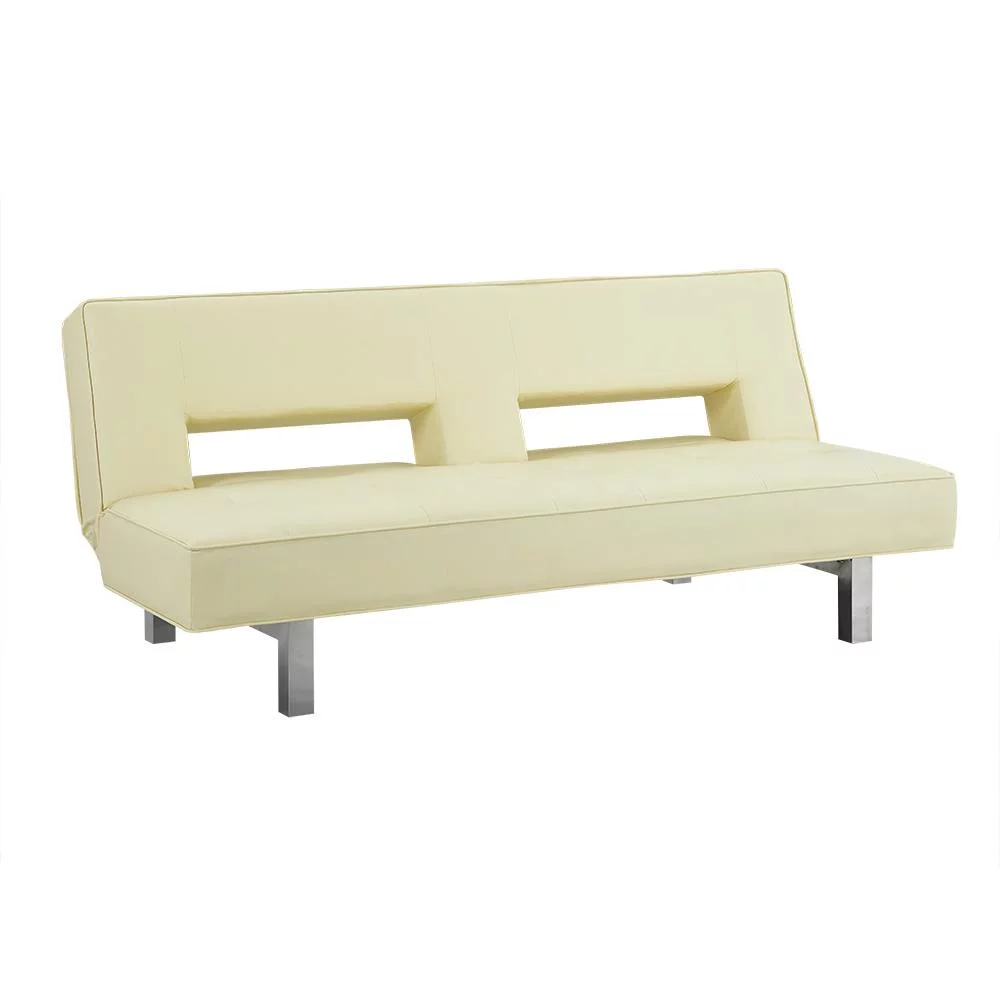 Modern Convertible Futon Sofa Bed with Chrome Metal Legs, European Style Reclining Futon Sofa, Faux Leather, Cream