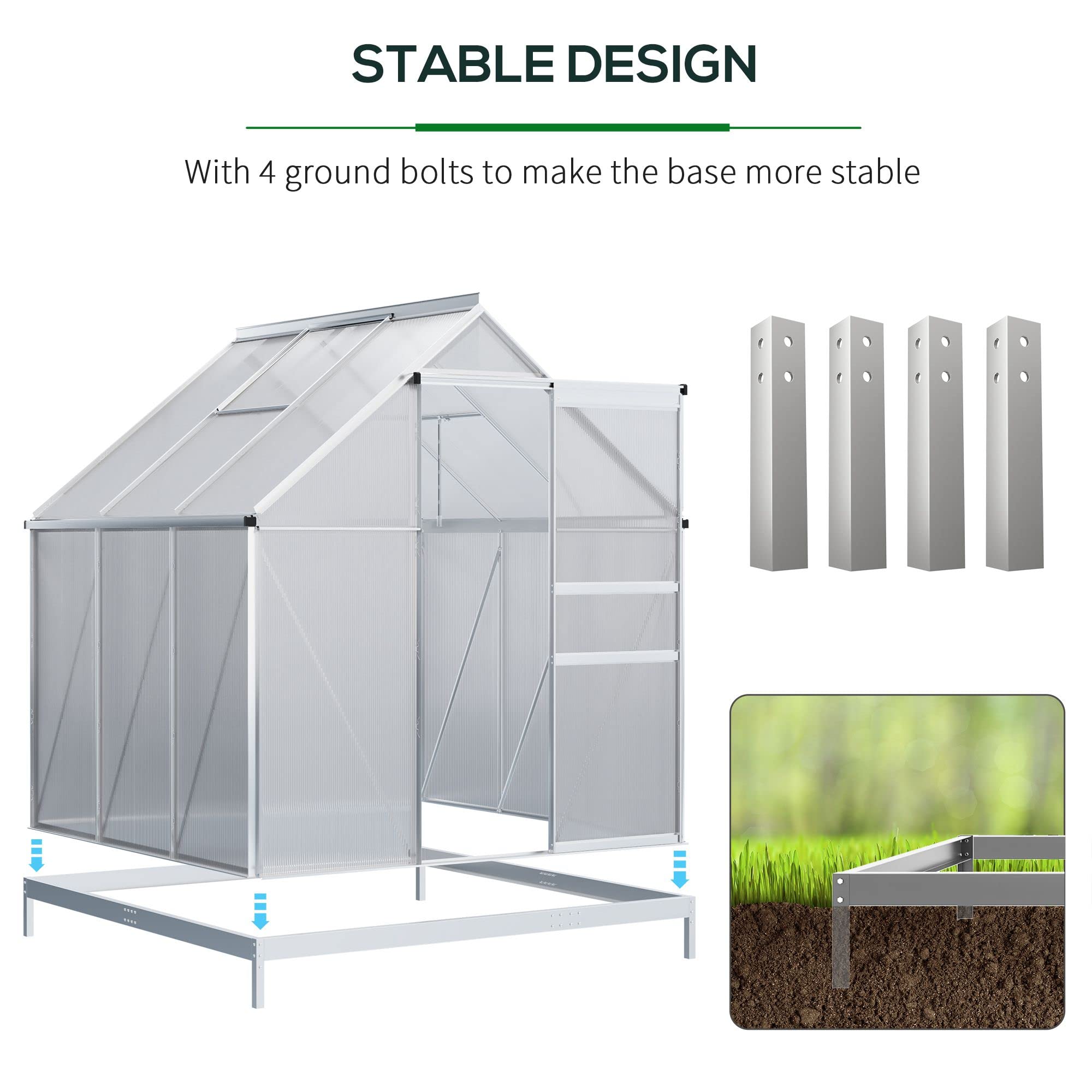 【Home & Garden】6' x 6' aluminum greenhouse polycarbonate walk-in garden greenhouse vents, sliding doors