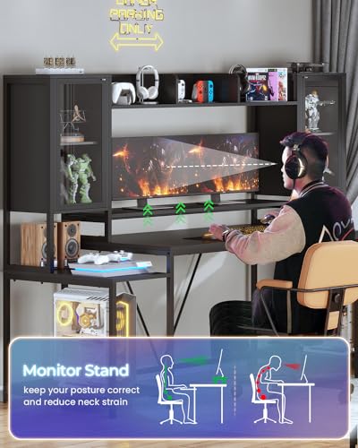 SEDETA Gaming Desk 74.8'' with LED Lights, Hutch and Storage Shelves, Computer Desk with Monitor Stand, Large PC Gamer Desk Workstation