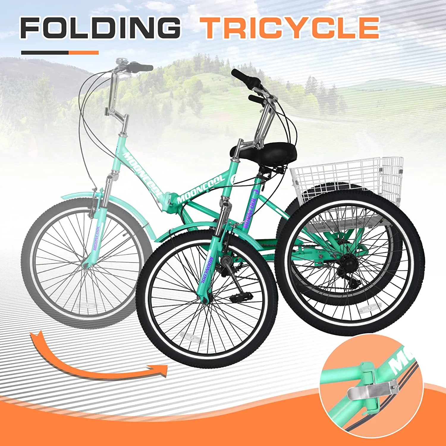 MOONCOOL Adult Folding Tricycle for Adults, 7 Speed 20/24/26 inch 3 Wheels Bikes with Basket, Foldable Tricycle for Adults, Women, Men, Seniors