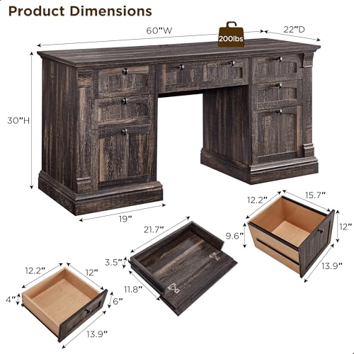 OKD 60" Executive Desk with Drawers, Farmhouse Home Office Desk with Charging Station, Keyboard Tray, File Cabinet Storage
