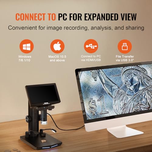 VEVOR 10.1" HDMI LCD Digital Microscope for Adults, Soldering Electron Microscope 1300X with IPS Screen, 8 LED Lights, 2 Flexible Side Lights
