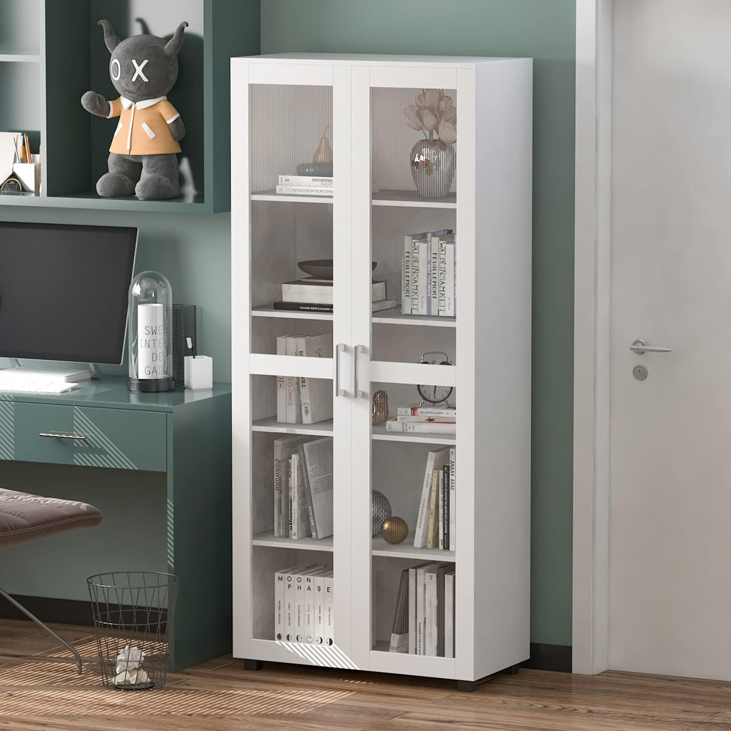 Homsee Bookcase Storage Cabinet with 2 Plastic Glass Doors, 5-Tier Bookshelves Wooden Organizer for Living Room, White (31.5”L x 15.4”W x 72.3”H)