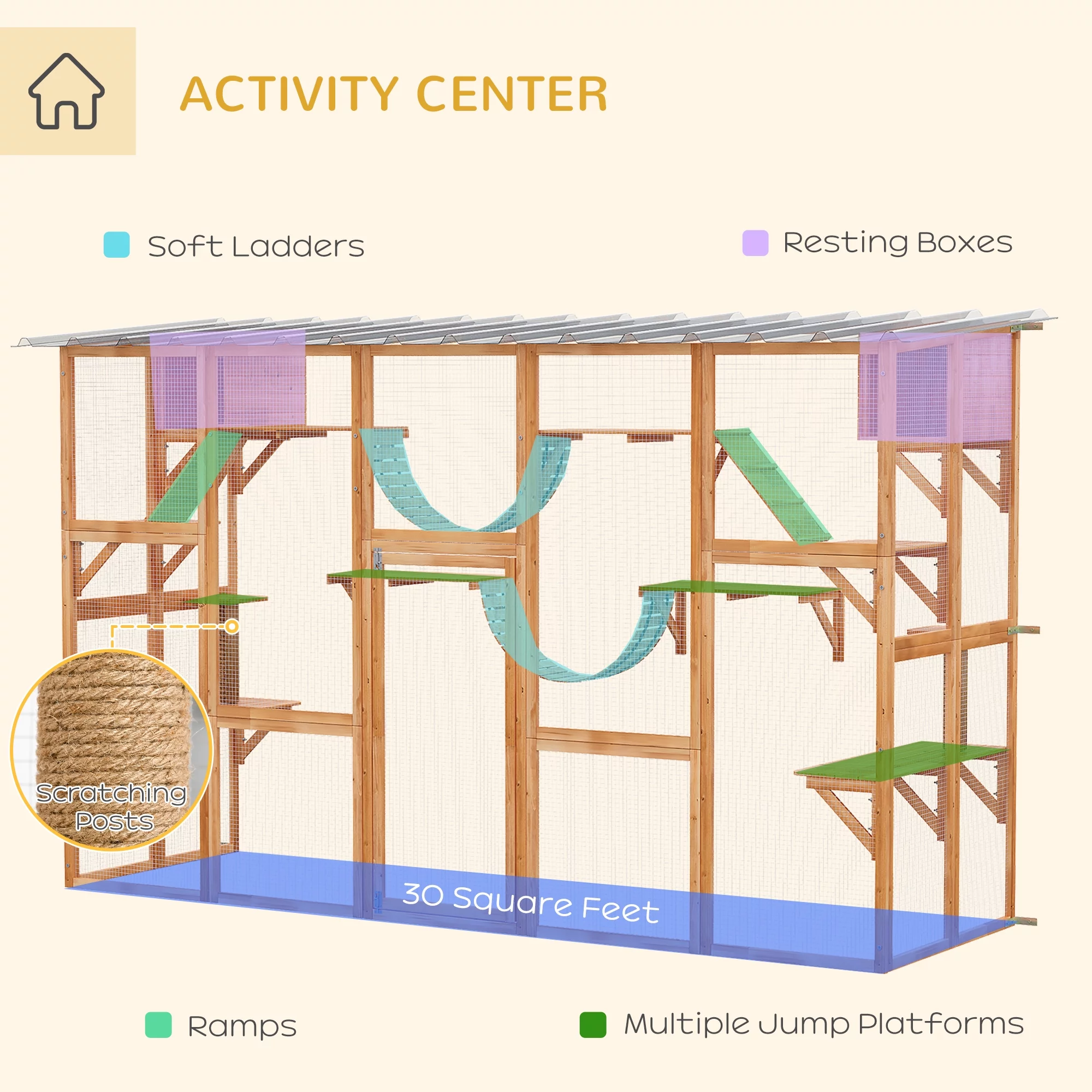 PawHut Catio Playground Outdoor Cat Enclosure Wooden Cat House Shelter - Radiant Selections