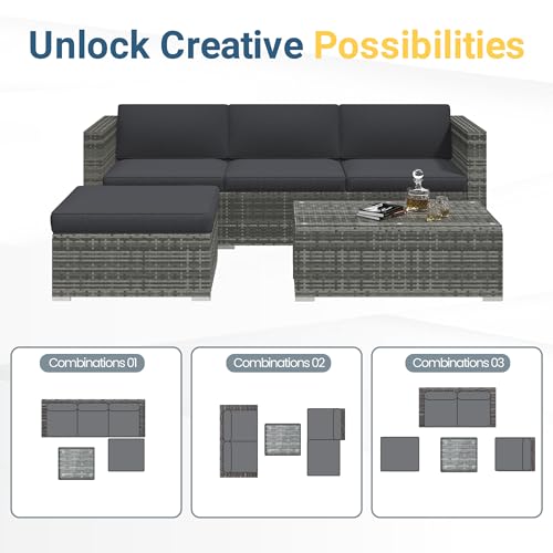Wisteria Lane 5 Piece Outdoor Patio Furniture Set, All Weather Wicker Rattan Sectional Sofa Conversation Set with Cushions & Large Glass Coffee Table