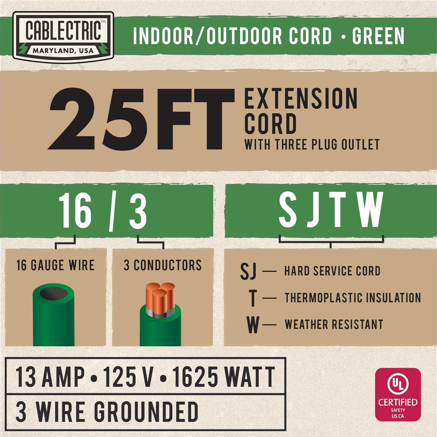 Cablectric 50 Ft Outdoor Extension Cord with 3 Power Outlets