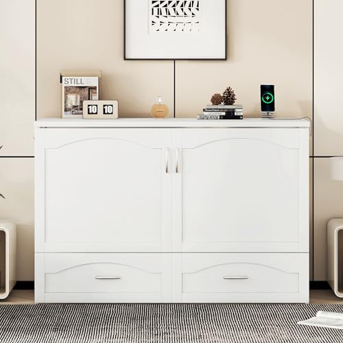 Queen Size Murphy Wall Bed with Storage, Bookcase Headboard, Solid Wood Cabinets, Shelves, Drawers and USB Ports