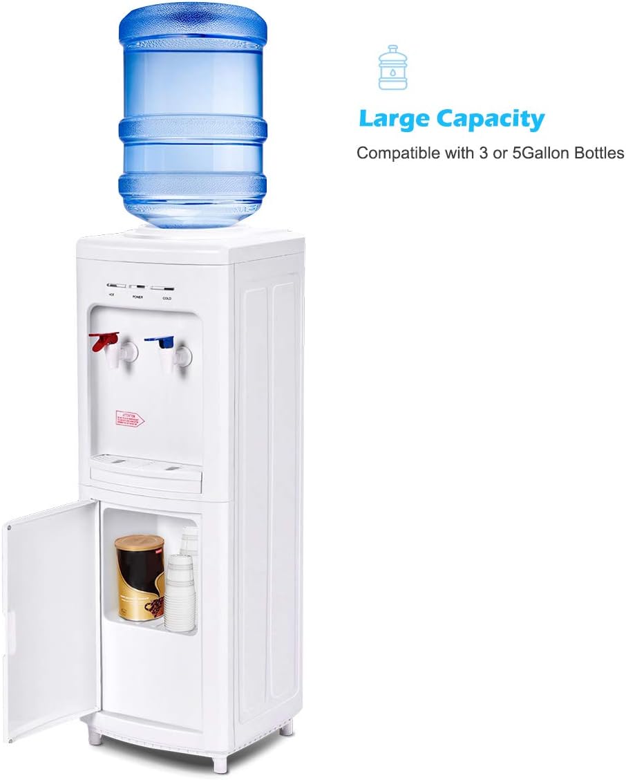 COSTWAY Water Cooler Dispenser for 3-5 Gallon Bottle, Top Loading Hot and Cold Water Dispenser with Storage Cabinet, Child Lock
