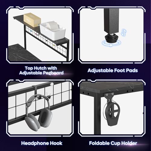 Bestier 42 L Gaming Desk,Computer Desk with Power Outlets, LED Lights, Reversible Corner Desk with 4-Tier Shelves,Cup Holder & Hook Carbon Fiber Black