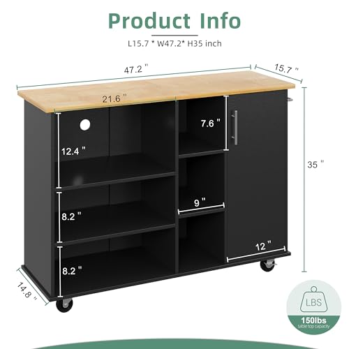 Shintenchi Rolling Kitchen Island Cart with Folding Drop Leaf Breakfast Bar, Portable Trolley Island with Large Storage Cabinet, Shelf and Drawer