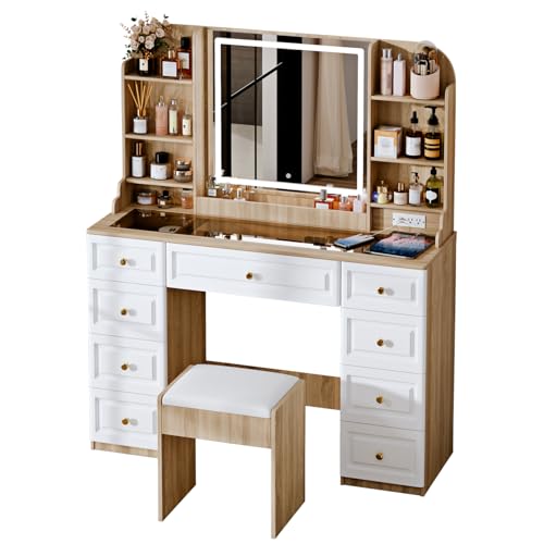 43" Makeup Vanity Desk with Mirror and Lights, & Power Outl, Glass Top Big Vanity Table with 9 Drawers& 8 Storage Shelves