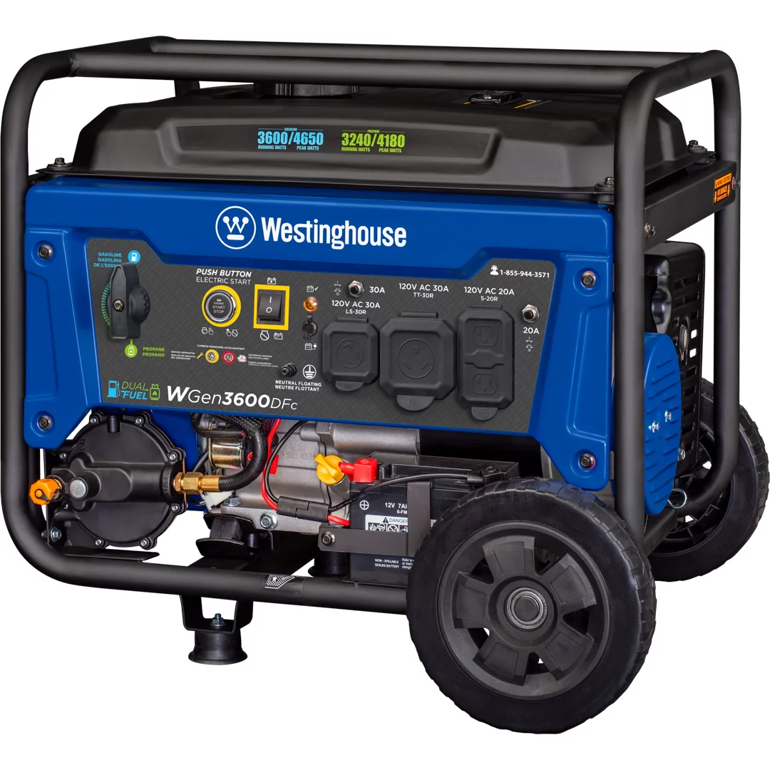 Westinghouse 4650 Peak Watt Dual Fuel Portable Generator, Remote Electric Start, RV Ready Outlet, CO Sensor