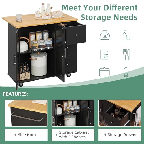 Shintenchi Rolling Kitchen Island Cart with Folding Drop Leaf Breakfast Bar, Portable Trolley Island with Large Storage Cabinet, Shelf and Drawer