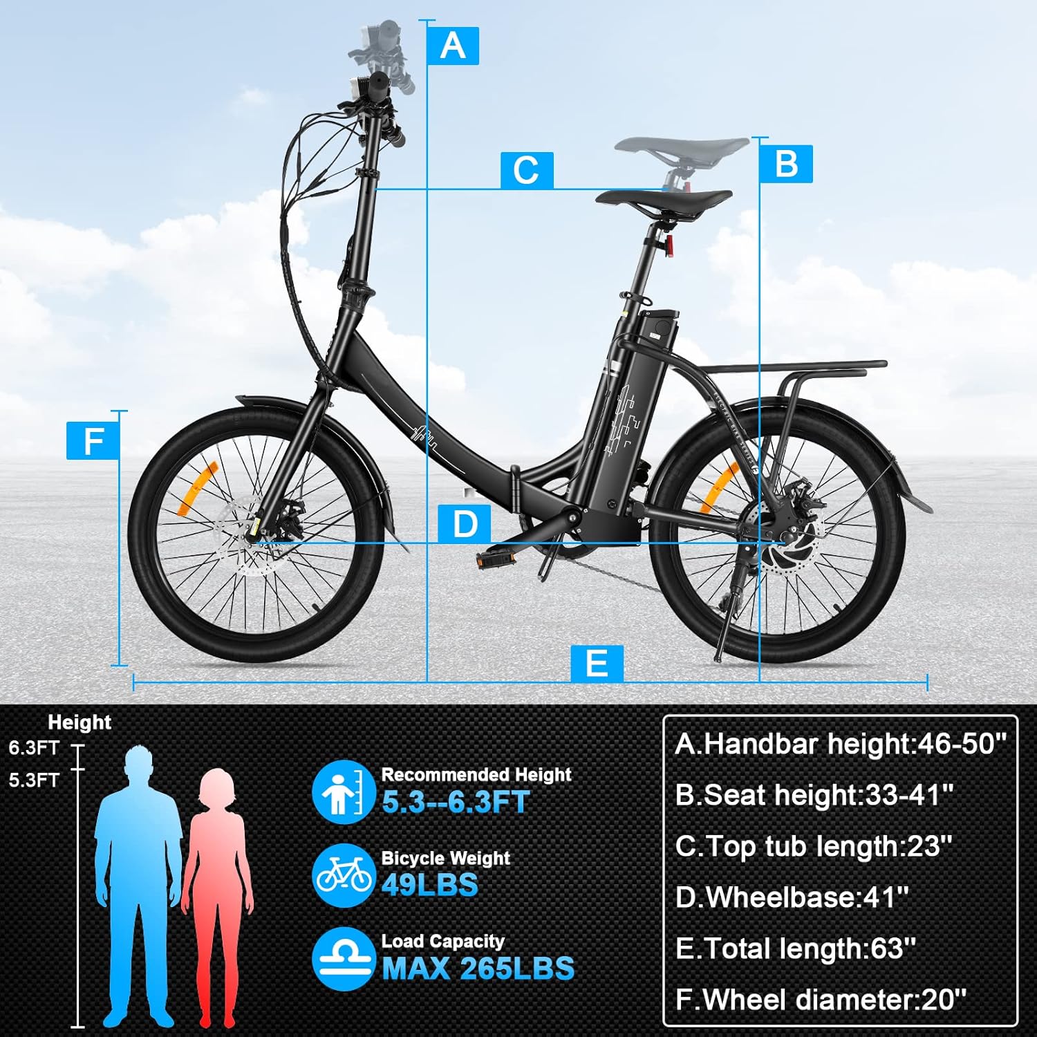 20'' Folding Electric Bike Adjustable Height for Adults and Teens