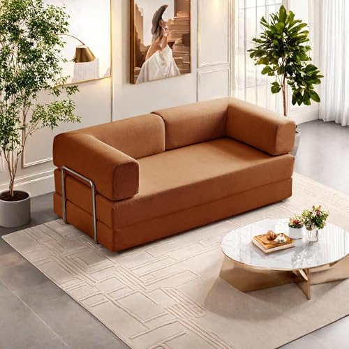 Convertible Floor Sofa Bed, Foldable Mattress Cloud Couch with Pillow Back & Armrest, Chenille Sleeper Sofa Bed with Fixed-Shape Frame