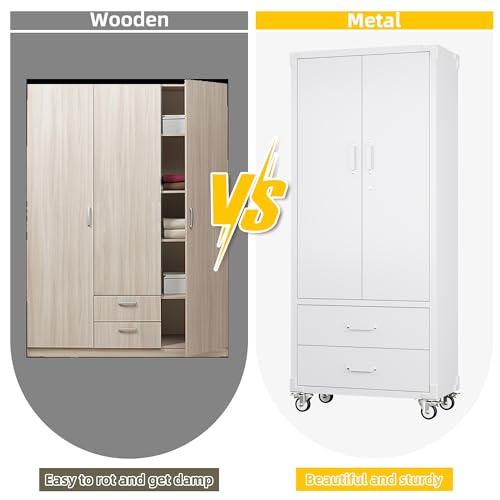 Aobabo 71" H×32" W×16" D Metal Storage Cabinet with Wheels, Garage Steel Storage Cabinet with 5 Adjustable Shelves and 4 Hooks for Home Office
