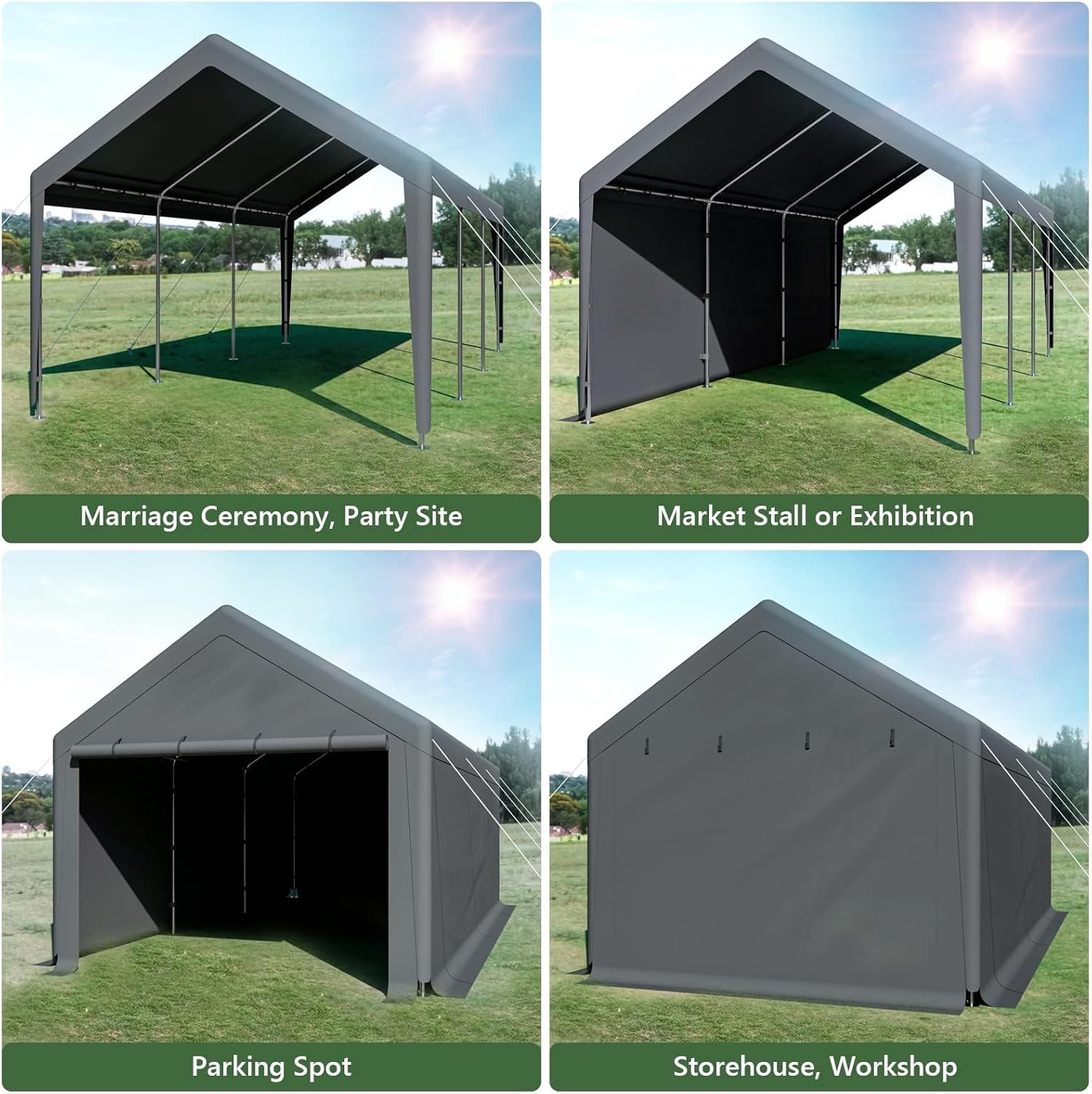 Outdoor Carport 10x20ft Heavy Duty Car Tent, Portable Garage Canopy Storage Shed, Car Shelter with Detachable Side Walls&Doors