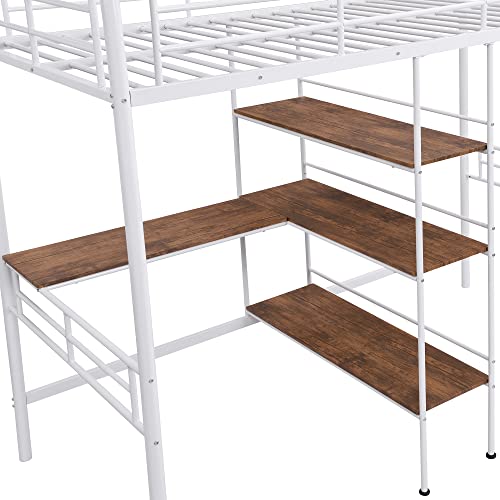 Harper & Bright Designs Full Loft Bed with Desk, Metal Loft Beds with Storage Shelves, Desk, and Wardrobe, Heavy-Duty Loft Bed Frame for Kids, Teens
