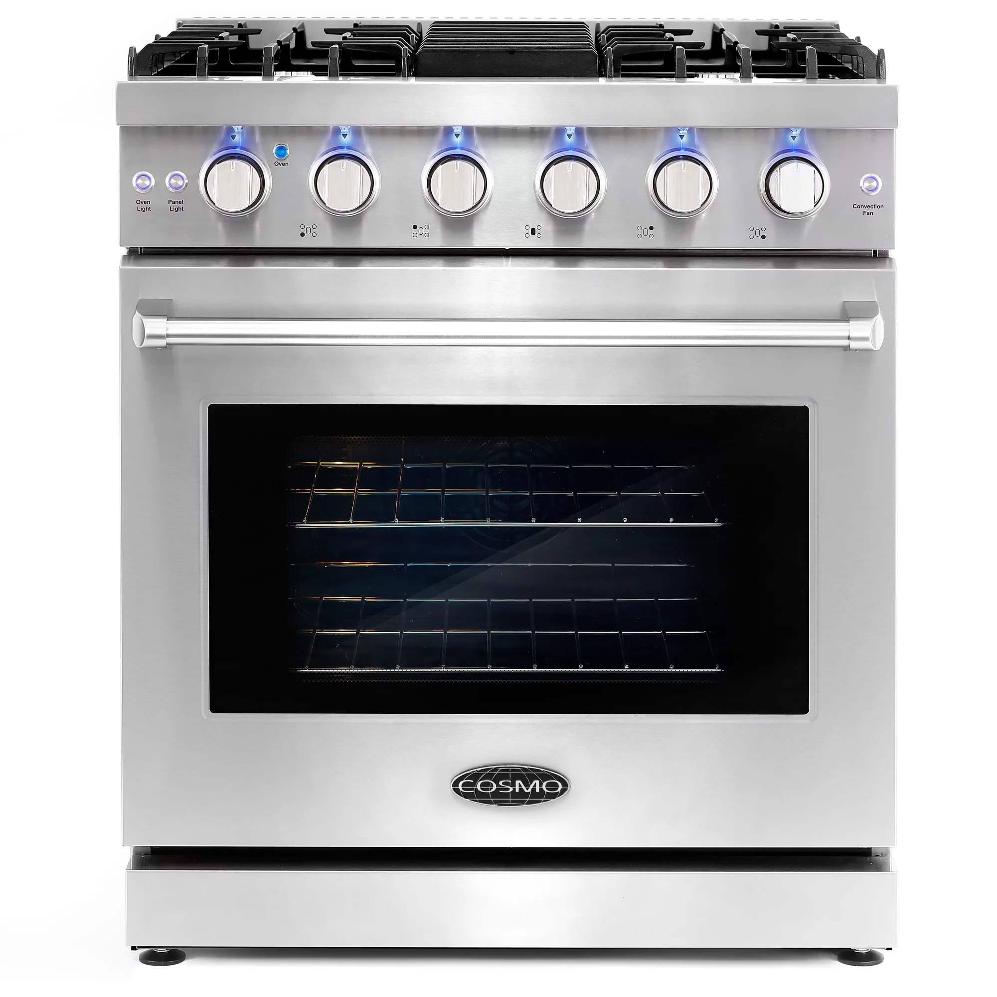 Cosmo 4 Piece Kitchen Appliance Packages with 30" Freestanding Gas Range 30" Island Mount Range Hood 24" Built-in Dishwasher & 48 Bottle Freestanding