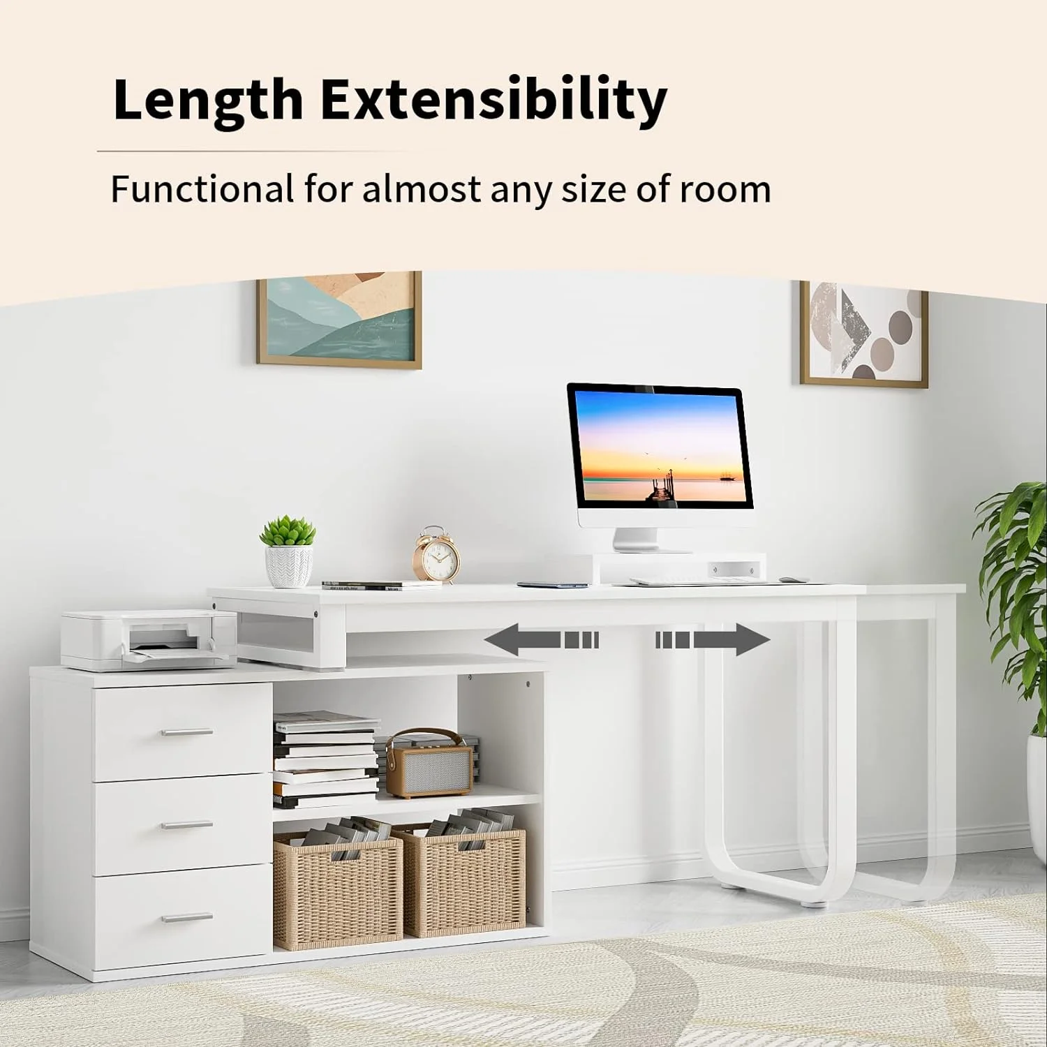 White L Shaped Desk with  Drawers  55 inch Reversible L Shaped Desk with 2 Shelves and Monitor Stand  L Shaped Computer Desk with  Cabinet for Small