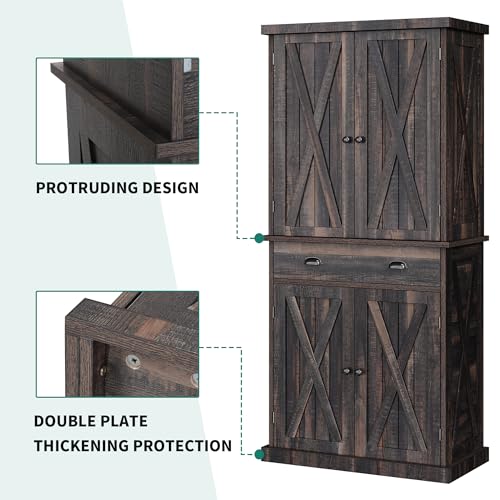 YITAHOME 72'' Tall Kitchen Pantry Cabinets, Farmhouse Storage Cabinets with Barn Doors, Drawer ＆ Adjustable Shelves