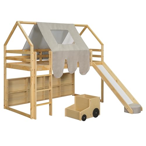 Harper & Bright Designs Kids Twin Low Loft Bed with Slide and Storage Shelves, Wood Playhouse Loft Bed Frame with a Tent & Stairs