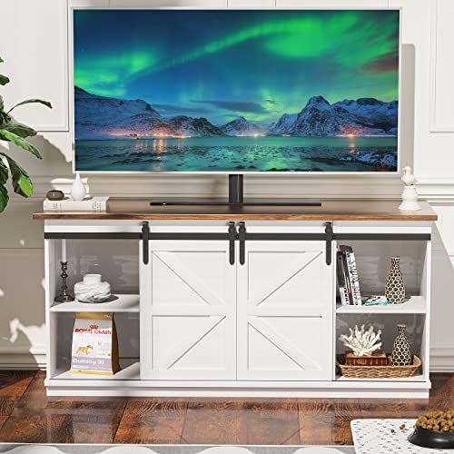 YESHOMY Farmhouse TV Stand for Televisions up to 65 Inches, Sliding Barn Doors and Storage Cabinets