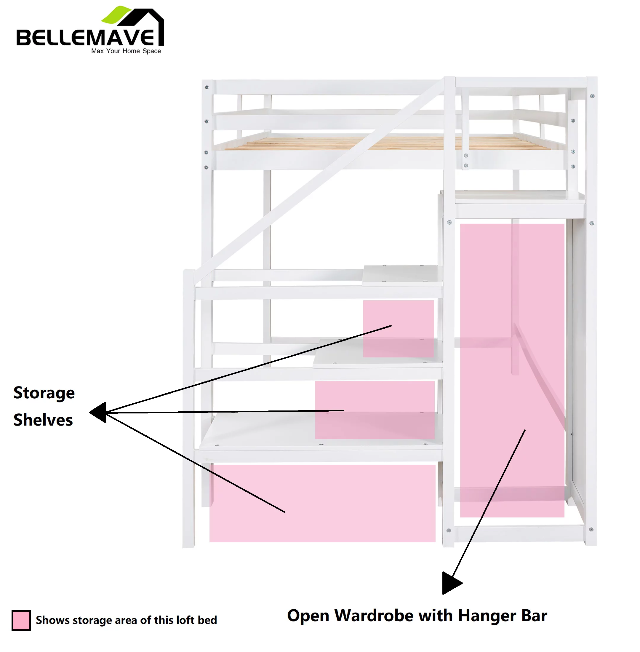 Bellemave Full Size Loft Bed with Storage Staircase Wooden Full Loft Bed Frame with Built-in Storage Wardrobe and Guardrails for Kids, Teens