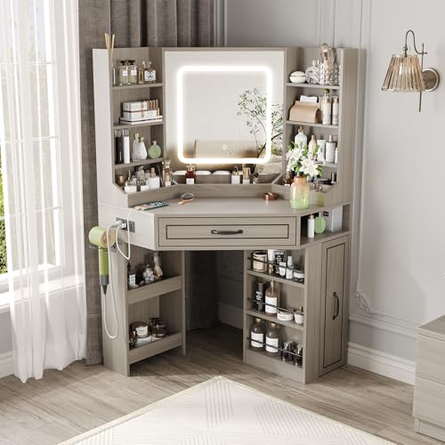 Makeup Vanity Desk, Corner Vanity Desk with HD LED Mirror, Lots Storage Shelves, 2 Drawers & Cabinets, Vanity with Charging Station