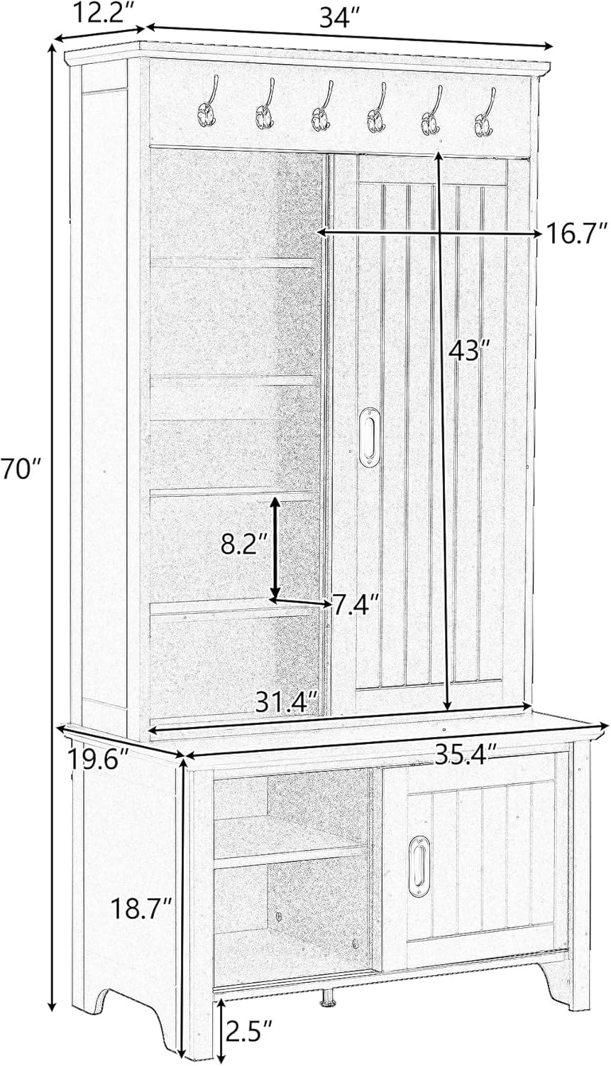 Modern Hall Tree with Bench and Shoe Storage Cabinet, Hallway Coat Rack with Sliding Doors & Adjustable Shelves for Entryway, Mudroom, Living Room